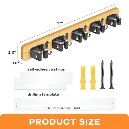 IMILLET Broom Holder Wall Mount, Bamboo Broom Hanger with 5 Racks 4 Hooks, Mop and Broom Holder Wall Mount Self Adhesive, Home Organization and Storage for Laundry Room, Closet, Utility Room - style: Bamboo-5 Slots