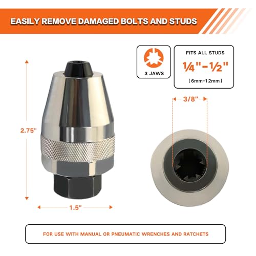 Damaged Bolt and Stud Extractor Tool, Grips and Removes 1/4-Inch to 1/2-Inch Studs, Broken Bolt and Stud Remover for Broken, Damaged, Rounded Off, Painted, and Rusted Tight Bolts