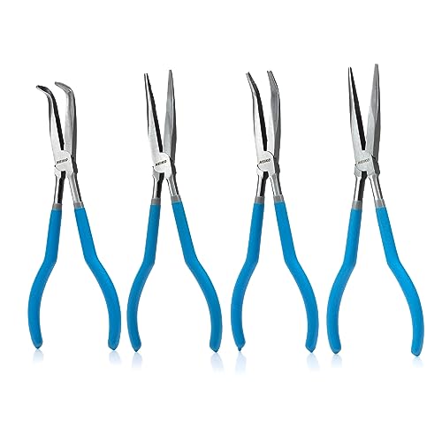 NEIKO 02105A (4) Long Nose Plier 11” Long Reach, Straight, Angle, Curved Pliers, 45 & 90 Degree, bent Head Needle Nose Pliers Set for Mechanics, Long Handle Pliers - style: Long Nose Pliers