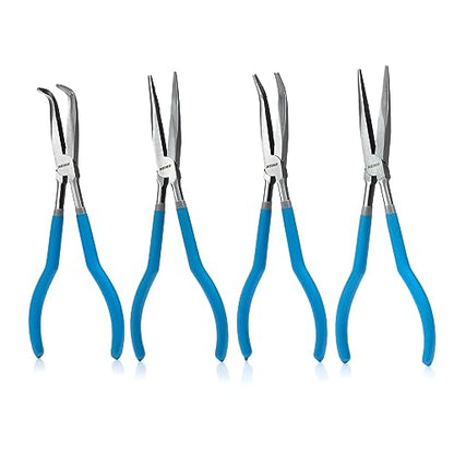 NEIKO 02105A (4) Long Nose Plier 11” Long Reach, Straight, Angle, Curved Pliers, 45 & 90 Degree, bent Head Needle Nose Pliers Set for Mechanics, Long Handle Pliers - style: Long Nose Pliers