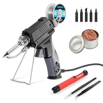 Soldering Iron gun Kit,60W Auto Feed Soldering Kit with Adjustable Temperature LCD Display,Wire,Tip Cleaner,5 Tips,Pump,Tweezers for Electronic PCB Repair,DIY - style: Gun