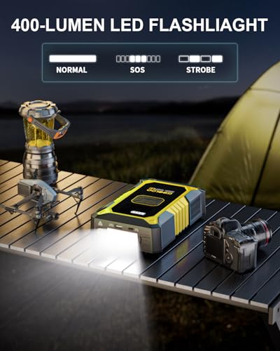 GOOLOO A3 12V 3000A Portable Jump Starter with Air Compressor | 7-in-1: 3000A Lithium Jumper Box - 150 PSI Tire Inflator - USB-A Output - LED Flashlight - Ball / Bike Pump - Pressure Gauge - color: Yellow