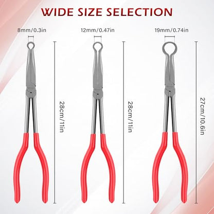 TOOLEAGUE 3Pcs Extra Long Hose Gripper Pliers Set, 11" Long Reach Pliers,5/16-Inch, 1/2-Inch, 3/4-Inch Dia,O-shape Tip Craft Repairing Tool,Offset Spark Plug Boot Removal Tool - size: 3pcs,11"