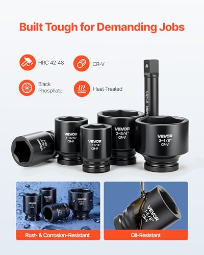 VEVOR 1 in Drive Impact Socket Set, 21 Piece, 6 Point Shallow Impact Sockets, SAE (1-5/8 in to 3-1/8 in), with 8 in & 18 in Extension Bars, 24 in Ratchet, Cr-V Steel, Size Marking, and Carrying Case - style: 1" 21 PCS
