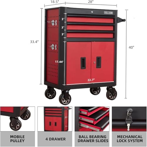 Rolling Tool Chest with Locking Wheels - Tool Box with 3 Drawers & 1 Big Tool Cabinet with 2 Door, 18.5" D x 28" W x 40" H Mobile Tool Storage Cabinet, Heavy-Duty Garage Organizer w/Ergonomic Handle - color: Red and Black