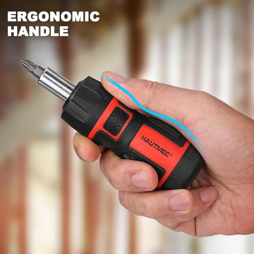 HAUTMEC 7-in-1 Stubby Ratcheting Screwdriver Set, Ratchet Short Screwdriver Set with Multi Bit Screw Driver Tool All in One, Chrome Vanadium Steel Shaft 3PCS Phillips and 3PCS Slotted - color: 7-in-1 Ratcheting