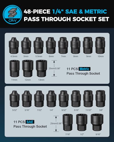 48 Pcs 1/4" Pass-Through Socket Set, SAE/Metric Go-Thru Ratchet Kit | Hollow SAE/metric mini sockets clear long threaded rods; include a 72-tooth ratchet, extension bar, 21 bits and 1/4" adapters - size: 48 Pcs