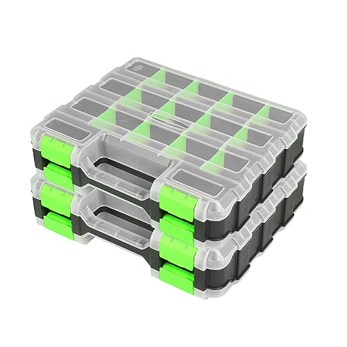 Jack Boss Tool Box with Transparent Lid, Double Side 34-Compartments Organizer Box with Removable Dividers for Hardware, Screws, Bolts, Nails, Beads, Jewelry and Fishing Accessories, Green, 2 Pack - color: Green, size: 2 PACK