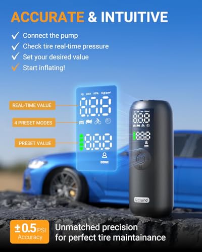 Woowind Bike Pump Portable Air Compressor, Auto Shut Off Tire Inflator,150PSI Fast Inflation Air Pump for Car, Bikes, Motorcycles, Balls - Digital Pressure Gauge