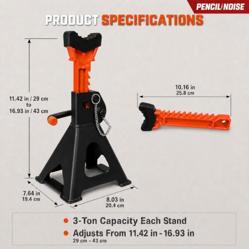 Jack Stands, 3 Ton(6600 Lbs) Capacity with Rubber Cover and Large Foot Base, Heavy Duty Steel Double Locking Car Lifting Stand, 1 Pair (Black Orange(with Rubber Cover)) - color: Black Orange(with rubber cover)