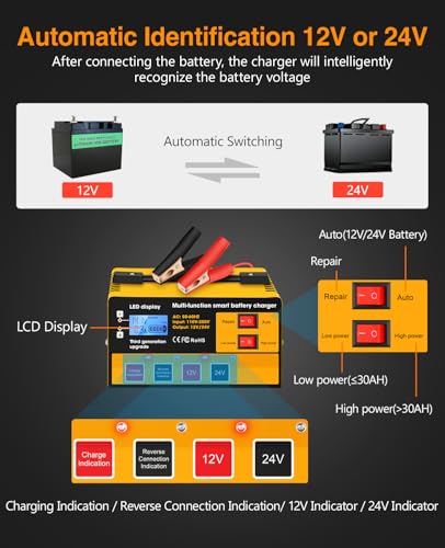 Car Battery Charger,12V-12A/24V-8.5AMH Smart Automatic Battery Charger,High/Low Power Trickle Charger Battery Maintainer and Desulfator,for Motorcycle Lawn Mower Marine Lead Acid Batteries - color: Yellow