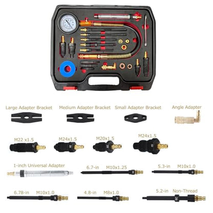 Professional 46-Piece Diesel & Petrol Engine Compression and Leak Down Tester Kit | Dual Gauge Diagnostic Tool for HDI, TDCi, Pumpe Duse Engines | Automotive Cylinder Leak Maintenance Test