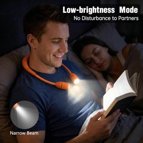 LED Neck Light with Bluetooth Speaker,Bendable Book Light 2600mAh | Reading Light,5.7oz adjustable angle,5 modes 80H+,500 lumens rechargeable,for camping hiking Knitting reading repairing - color: Orange