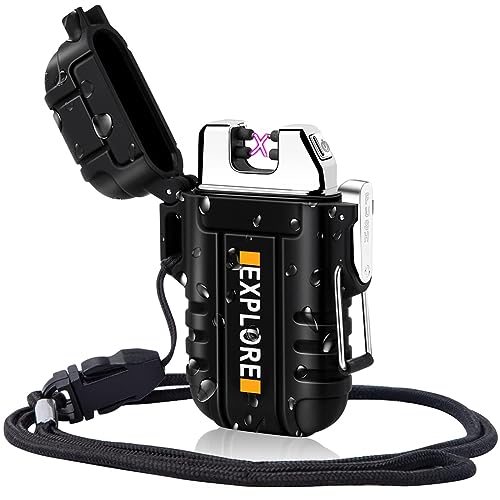 LcFun Electric Lighter Windproof Dual Arc USB Rechargeable Flameless Plasma Lighters Waterproof Matches for Camping Hiking Survival Tactical Gear Birthday Gifts for Men Husband - color: Black
