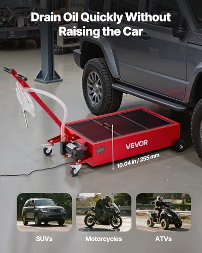 VEVOR Low Profile Oil Drain Pan, 17 Gal Capacity, Rolling Oil Drain Pan with 110V High-Flow Electric Pump, 7.2 ft Hose & T Folding Handle, Leak-Proof & Corrosion-Resistant, Fit for Trucks, ATVs, Red - size: 39.76 x 23.62 x 26.77 in