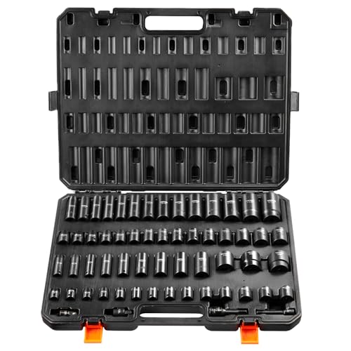 VEVOR Impact Socket Set 3/8" & 1/2" Socket Set 59PCS SAE 5/16" to 1-1/4" and Metric 6-32mm, 6 Point Cr-Mo Alloy Steel for Auto Repair, Easy-to-Read Markings, Rugged Construction, Storage Case - style: 1/2" & 3/8" 59PCS CR-MO