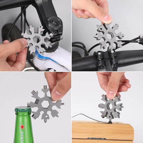 18-in-1 Snowflake Multi Tool,Function Stainless Steel Bottle Opener/Wrench, Flat Cross Screwdriver Kit Snowflake, Outdoor Durable and Portable，Great Gift for Mens (silvery)
