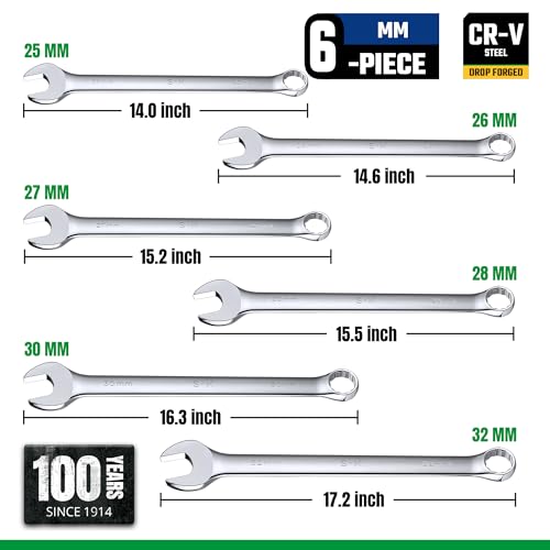 SK Long Pattern Combination Wrench Set, Metric 25 to 32mm, 6-Piece, SuperKrome Finish, Premium CR-V Construction, with Rolling Pouch