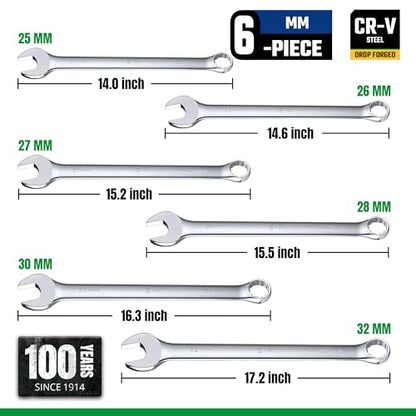 SK Long Pattern Combination Wrench Set, Metric 25 to 32mm, 6-Piece, SuperKrome Finish, Premium CR-V Construction, with Rolling Pouch