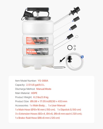 VEVOR Fluid Extractor, 9.5 L Capacity, Manual Vacuum Oil Extractor Pump with 59 in Long Horse & Three 47 in Extension Tubes, Oil Change Pump with HDPE Tank for Cars, Lawn Mowers, Boats, Motorcycles