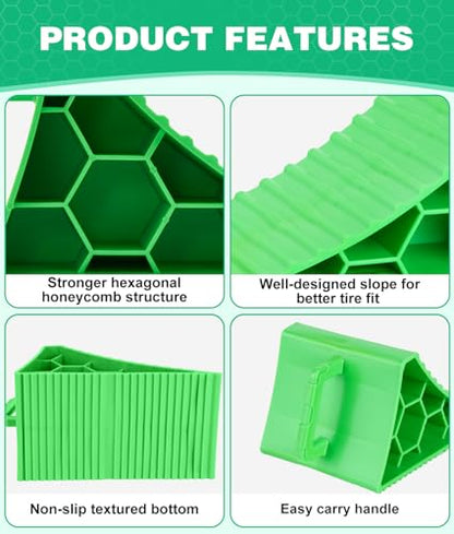 PAHTTO Wheel Chocks 4 Pack, RV Chocks with Handles for RV Trailer Camper Car Truck, Wheel Block Stopper for Tire, Strong RV Wheel Chocks Hexagonal Honeycomb Structure, RV Trailer Accessories, Green - color: Green