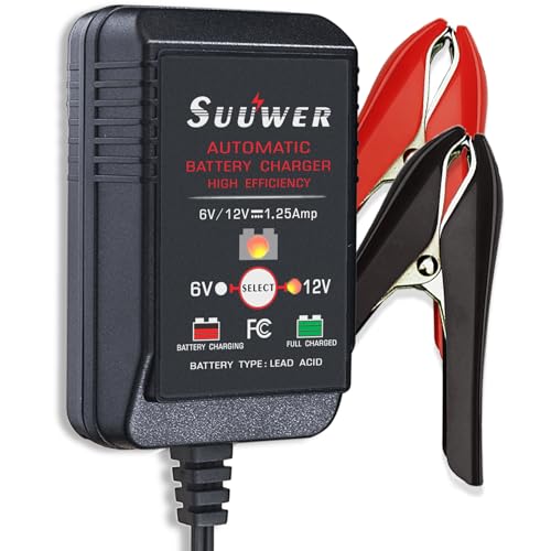 Suuwer Automatic Trickle Battery Charger, 6V&12V 1250mA Battery Maintainer. | for Car Motorcycle ATV Boat, With 12FT DC Cable