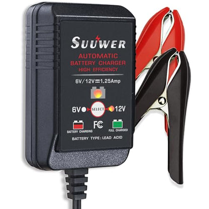 Suuwer Automatic Trickle Battery Charger, 6V&12V 1250mA Battery Maintainer. | for Car Motorcycle ATV Boat, With 12FT DC Cable