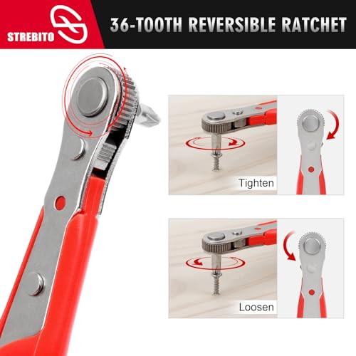 STREBITO Right Angle Screwdriver 14 Piece Mini Ratchet Set | Offset Screwdriver Low Profile Ratchet Screwdriver Set with 1/4 Ratchet, Hex, Phillips, Torx, Ratchet Set for Tight Spaces - color: 14 in 1 With Zipper Pouch