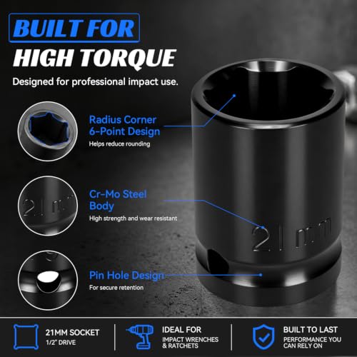 2PCS 21mm Impact Socket 1/2" Drive, 6 Point Metric Shallow Socket, CR-V Steel Heavy Duty Impact Wrench Socket for Automotive Repair - size: 21mm