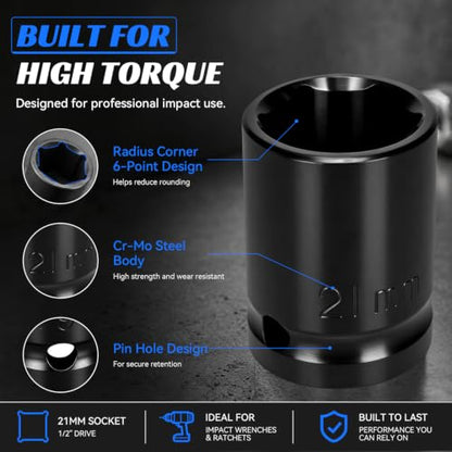 2PCS 21mm Impact Socket 1/2" Drive, 6 Point Metric Shallow Socket, CR-V Steel Heavy Duty Impact Wrench Socket for Automotive Repair - size: 21mm
