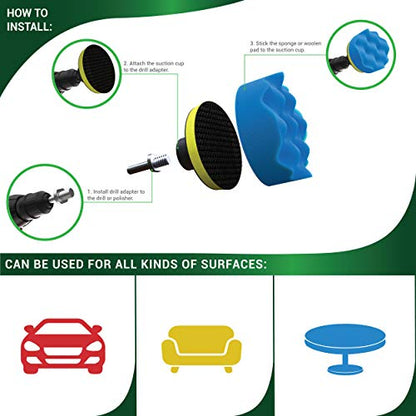 Car Foam Drill Polishing Pad Kit by SCRUBIT – 22 Pack, Includes 16 Detailing Sponges (3 in.), 2 Wool Buffer Pads, 2 Drill Adapters and Suction Cups for Your Vehicle - Waxing and Polisher Set