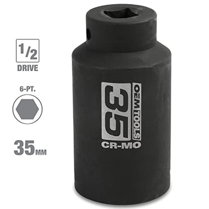 OEMTOOLS 25153 1/2 Inch Drive 35mm Axle Nut Socket, 6 Point Design Ensures Superior Grip, Professional Quality for Automotive Repair, Durable Socket Wrench for Mechanics | CR-MO 35mm Impact Socket, Black Oxide Finish to Resist Rust, 6 Pt. 35mm Socket, Use