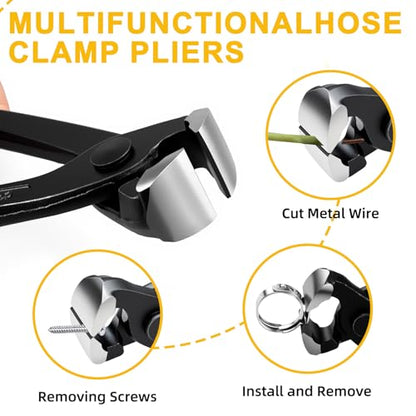 10 Inches Ear Clamp Pliers,Hose Clamp Crimping Tool,Carbon Steel Crimper Tool for Install Remove,Pincer Crimper Tool for Pipe Hose Clamps with 10pcs 1/2"304 Stainless Steel Hose Crimp