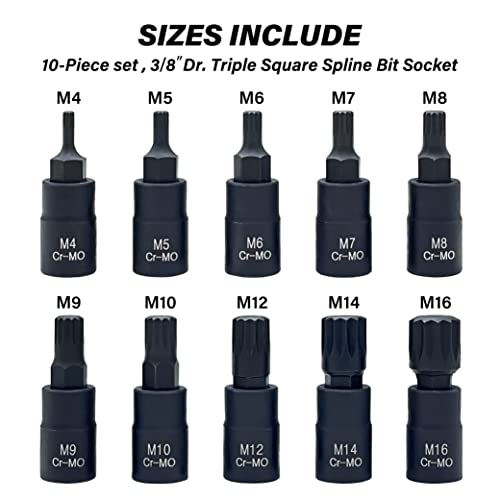 XZN Triple Square Spline Bit Socket Set, Premium Cr-Mo Steel | 10-Piece M4 - M16 Set | 3/8-Inch Drive | Enhanced Storage Case… - size: Spline Bit