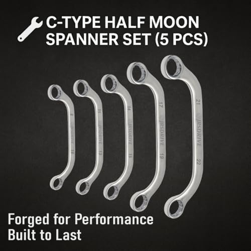 Half Moon Box Wrench Set Metric, 8-22mm, 5-Piece C-Style Combination wrenches, 12 Point, CR-V Steel, Organized in Rolling Pouch, Mirror Finish Elliptical Panel