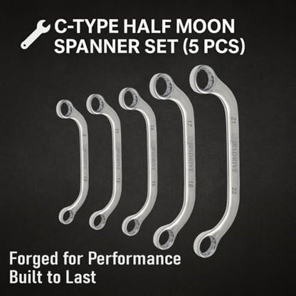 Half Moon Box Wrench Set Metric, 8-22mm, 5-Piece C-Style Combination wrenches, 12 Point, CR-V Steel, Organized in Rolling Pouch, Mirror Finish Elliptical Panel