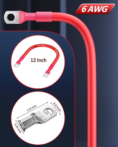 EXTRACTME Power Battery Cable, 6 AWG 12 Inch Flexible Silicone Jumper Cables with Terminals, Tinned Copper Battery Inverter Cables for Automotive, Marine, Car, Solar, ATV - Red Black