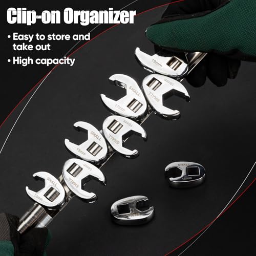 SHALL 3/8" Flare Nut Wrench Set, 10-Piece Metric Crowfoot Flare Nut Tool Kit for Nut Removal, 10-19mm, Clip-on Organizer, Tools for Mechanics, Access Fasteners in Tight Spaces