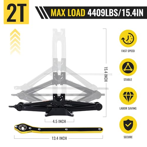 Car Jack Kit, Scissors Jack car, Max 2 ton (4,409 lb) Capacity, tire Jack Tool kit, Power Saving Ratchet Handles, Steel Scissors for tire Wrenches only, for Emergency use only