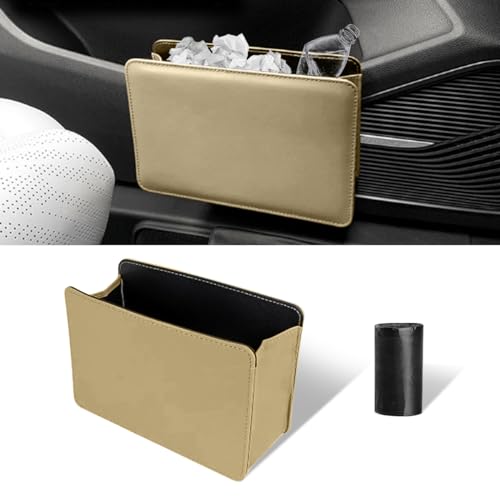 Car Trash Can, Auto Leather Trash Bin Garbage Organizer Holder with One Roll Trash Bag, Mini Foldable Dustbin Storage Bag Container, Multi-Function Trash Box for Car SUV (Beige) - color: Beige