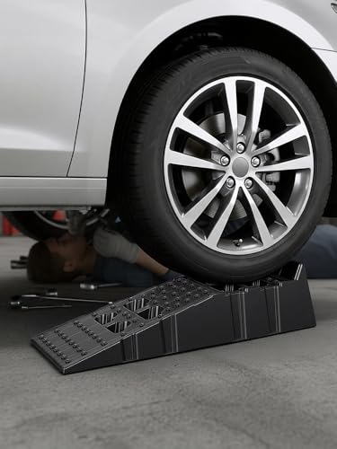 2 Pcs 12" Wide Plastic Car Ramps, 13000 lbs Capacity Per Pair, 8.6" Lift Height, Heavy Duty Vehicle Service Ramp for Oil Change & Maintenance, Anti-Slip Surface, Low Profile Design for Garage Use Bla