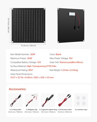 VEVOR 20W 12V Solar Panel Battery Charger, Solar Battery Trickle Charger Maintainer with Built-in Smart Controller & 3 Connection Cables, IP67 Waterproof Portable for RV Car Motorcycle Boat Van Camper