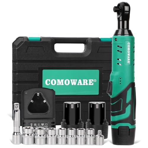 COMOWARE 3/8 Cordless Electric Ratchet Wrench Kit, 40ft-lbs Torque, 12V Power, 8 Sockets, LED Light, Fast Charger, Ergonomic Design | 12V Power, Electric Socket Wrench, LED Light,Lightweight & Compact, Fast Charger, Ergonomic Design