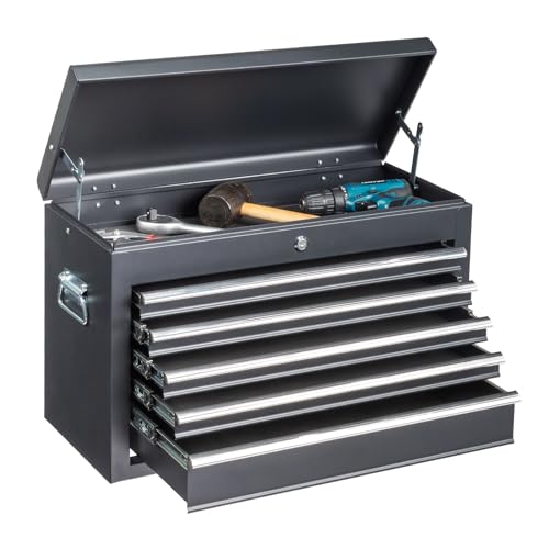 Winado 24" Portable Metal Tool Box, 5 Drawers Toolbox with Top Storage Tray, Carry Handle, Ball Bearing Runners, Lockable Tool Chest Cabinet for Garage, Warehouse, Repair Shop & Home, Black - color: Black