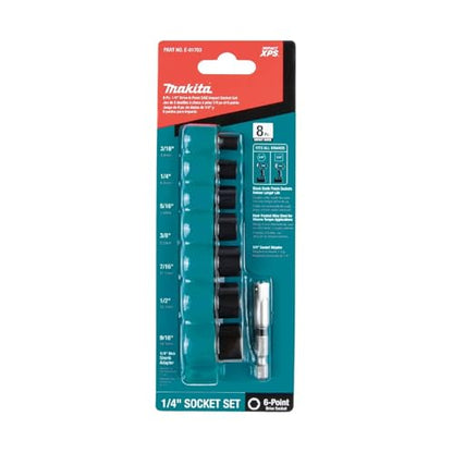Makita E-01703 Impact XPS™ 8 Pc. 1/4" Drive 6-Point SAE Impact Socket Set w/Standard Socket Adapter | 6-Point Openings | Forged Steel Build | Laser-Etched Sizes | Black Oxide Finish | Standard Socket Adapter Included - style: SAE