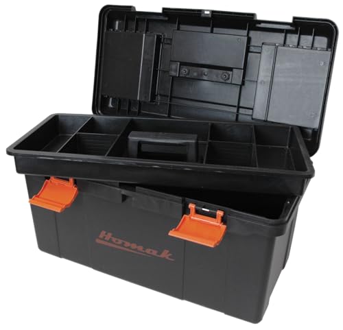 Homak Plastic Tool Box with Tray and Dividers, Black, 22 Inches | With Tray, With Dividers - size: 22-Inch