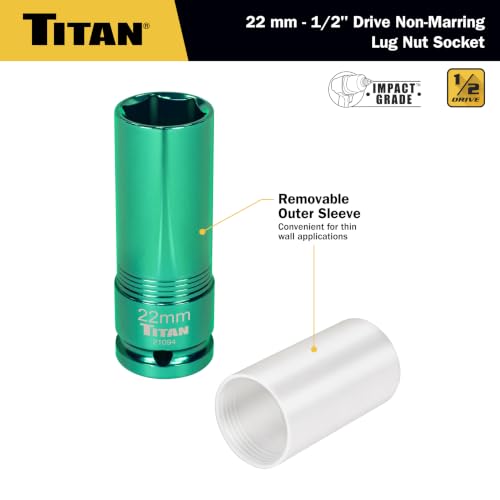 Titan 21094 1/2-Inch Drive x 22mm Non-marring Impact Deep Lug Nut Socket - size: 22mm