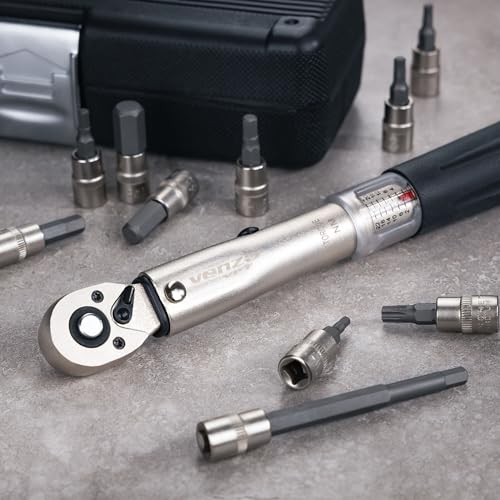 Venzo Bicycle Bike 1/4 Inch Driver - Torque Wrench Allen Key Tools Socket Set Kit 2-24Nm - Small Adjustable