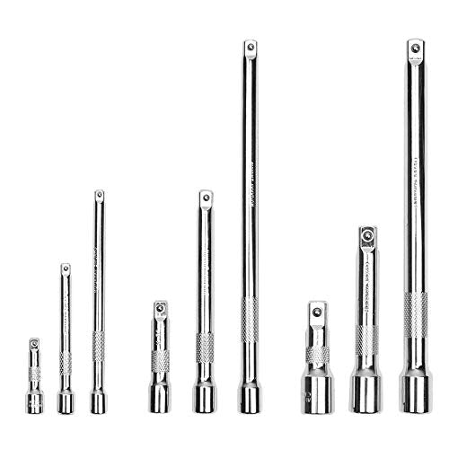 HORUSDY 9-Piece Socket Extension Bar Set, Ratchet Extension Bar Set,1/4", 3/8", and 1/2" Impact Drive Socket, Drive Tool Accessory, CR-V Steel Storage Tray - style: 9-PCS Chrome Extension