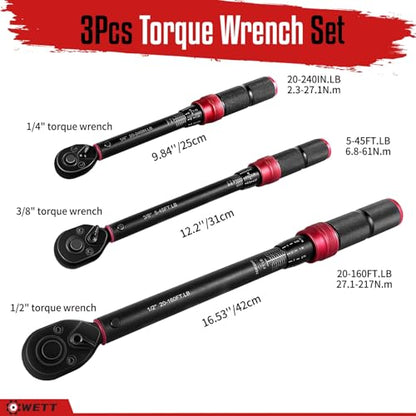 WETT 3Pcs Torque Wrench Set, 1/4'' & 3/8'' & 1/2'' Drive Click Torque Wrench, Dual-Direction Adjustable Reversible 72-Tooth Ratchet Handle, 20-240IN.LB, 5-45FT.LB, 20-160FT.LB - size: 1/4 & 3/8 & 1/2-inch Drive